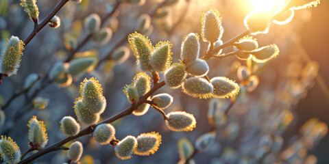 Spring background, the first green fluffy buds swell and bloom willow tree in sunny weather, poster