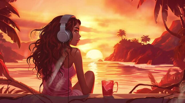 a girl wearing headphone and drink coffee while chilling at the beach lo-fi music illustration animation loop background