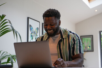 Man using laptop in living room - obrazy, fototapety, plakaty