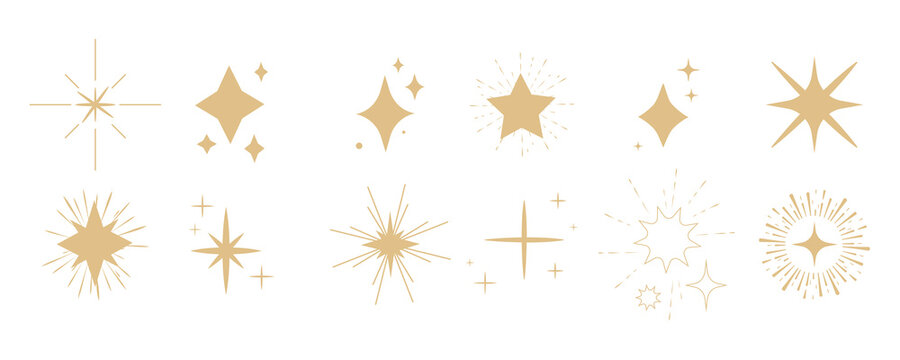 Star blink doodle gold sparkle, set sparkle fireworks, holiday party explosion isolated on white background. Golden magic celestial starburst