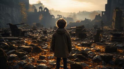 Solitary child contemplates in the haunting ruins at dawn, a blend of hope and history - obrazy, fototapety, plakaty