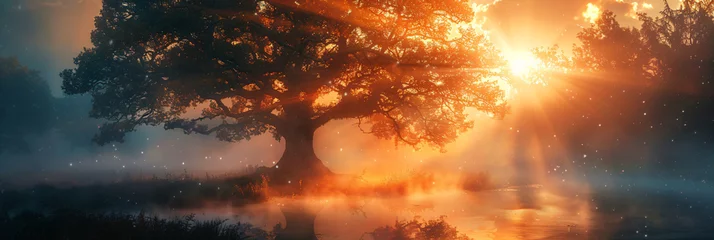 Zelfklevend Fotobehang Sunburst through an ancient tree by a serene lake. Digital art landscape with fiery sky and reflective water. Enchantment and tranquility concept. Design for wallpaper, poster, and print. © Dmitry