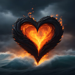 Burning heart, fantastic picture with sky and sea - obrazy, fototapety, plakaty