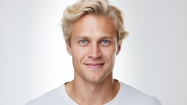 Capture a compelling close-up photo portrait of a handsome blonde Scandinavian man, radiantly smiling to showcase clean teeth, with fresh and stylish hair framing a strong jawline. 