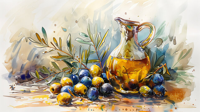 Artistic Watercolor Depiction of Olive Oil Pitcher and Olives