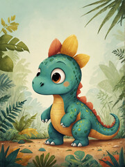 An endearing cartoonish blue dinosaur stands in a lush jungle, with a curious smile and large eyes