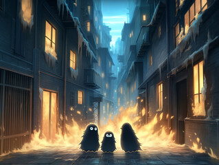 Eerie underworld scene, teddy bear dementors patrol over smoldering grounds, their fluffy forms contrast starkly with the flames - obrazy, fototapety, plakaty