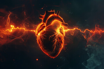 Electric Heart Concept Visualisation.
Human heart with electric arcs visualisation on a dark backdrop. - obrazy, fototapety, plakaty