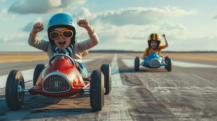 Exuberant Joy as Children Race in Toy Pedal Cars Under the Open Sky