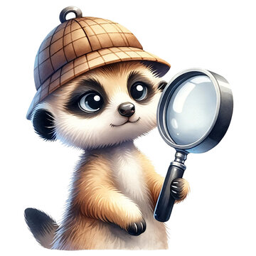 Watercolor Clipart Of A Meerkat With A Detective Hat And Magnifying Glass, Embodying Curiosity And Adventure