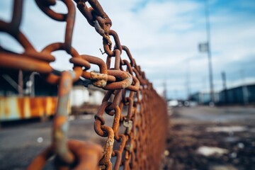 Detailed view of a chain link fence foregrounding an old industrial complex under a dramatic sky - obrazy, fototapety, plakaty