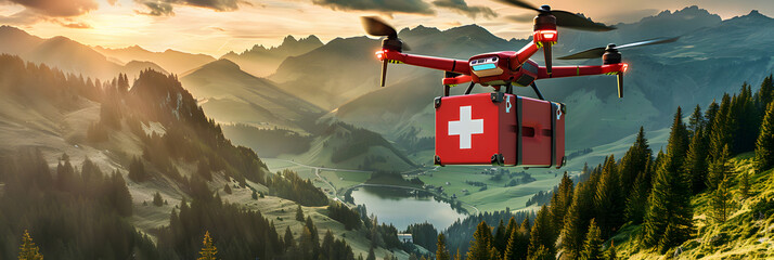 Closeup of a drone with a red first aid kit flying over a mountain landscape with green forest, small lake and valley at sunset or sunrise. Mountain rescue concept. 