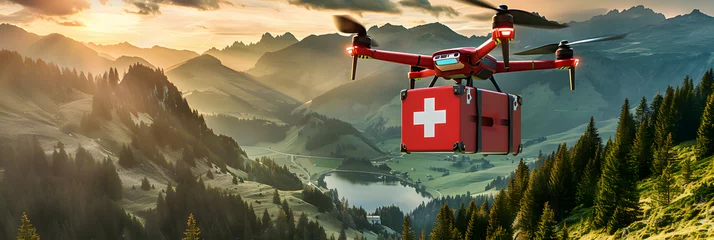 Cercles muraux Montagnes Closeup of a drone with a red first aid kit flying over a mountain landscape with green forest, small lake and valley at sunset or sunrise. Mountain rescue concept. 