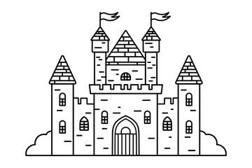 Line art illustration of medieval castle with towers and flags, black and white coloring page, fairy tale architecture concept.