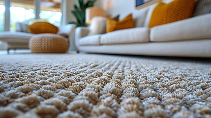 A detailed close-up of a sofa leg against a backdrop of a soft, plush carpet, showcasing the small but essential elements of home interior design