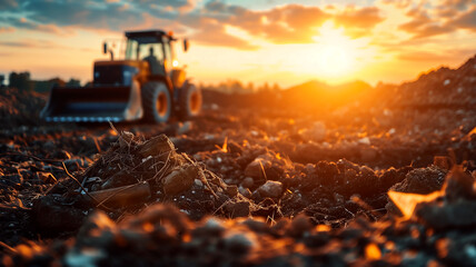 Tractor at a landfill during sunset representing waste management, environmental challenges, recycling, and sustainability. - obrazy, fototapety, plakaty
