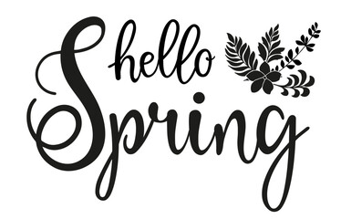Fototapeta na wymiar Handwritten, hello spring, lettering message. Spring welcome quote with color leaves . Modern lettering. Hello Spring design for cards, banners, posters.