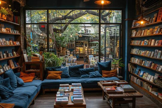 A modern bookshop with welcoming atmosphere and cozy professional photography