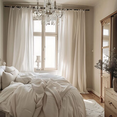 A dreamy bedroom with a soft, white bedding, delicate curtains, and a touch of sparkle from a crystal chandelier.