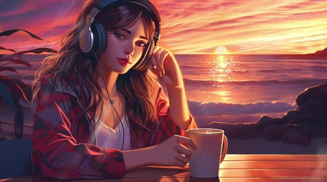 a girl wearing headphone and drink coffee while chilling at the beach lo-fi music illustration animation loop background