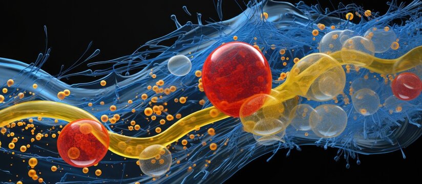 A close-up view of a cell phone displaying yellow fibroblast cells with microfilaments, red mitochondria, and blue nuclei in bubble-like structures.