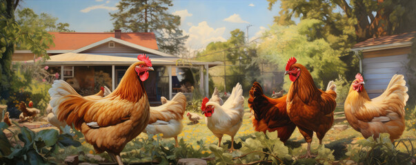 Chicken or hen in the contryside. illustrated style. - obrazy, fototapety, plakaty
