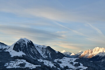 Mountain Peak landscape in orange sunset la Clusaz France