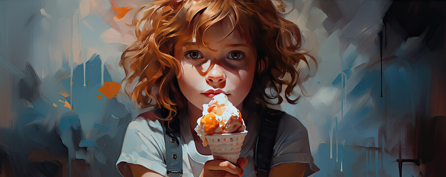 Kid eating ice cream in cone detail.