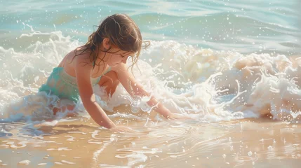 Fotobehang Capture a delightful scene of a girl playing in the water on a beach. Convey the joy and carefree spirit as she interacts with the waves and sand  © Wajid