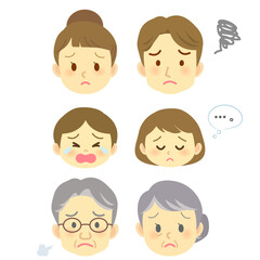暗い困った悩みのある表情6人家族/ネガティブなイメージ/顔だけのイラストセット
