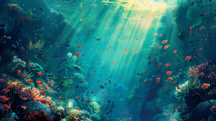 Fototapeta na wymiar Underwater Serenity: Sunlight Filtering Through the Ocean