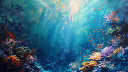 Obraz na płótnie Canvas Majestic Underwater Vista: Sun Rays Dancing on Coral Reefs