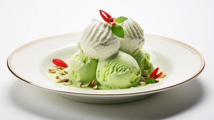 Green pistachio ice cream with nuts on a ceramic plate on a white background