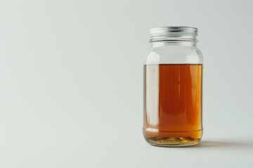 Kombucha tea, contained within a glass jar, stands out against the white backdrop, inviting viewers to savor its vibrant flavor and healthful benefits.