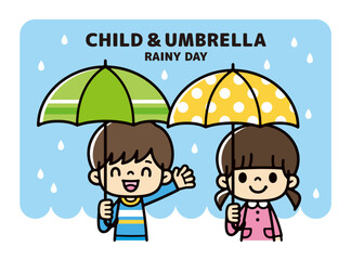 Illustration of a boy and a girl with colorful umbrellas