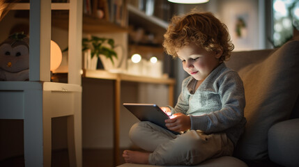 A child smiling looks happy sitting playing with ipad tablet