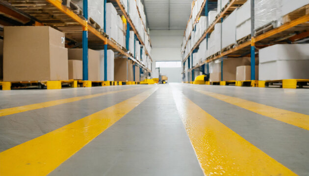 modern warehouse floor with yellow markings on the floor