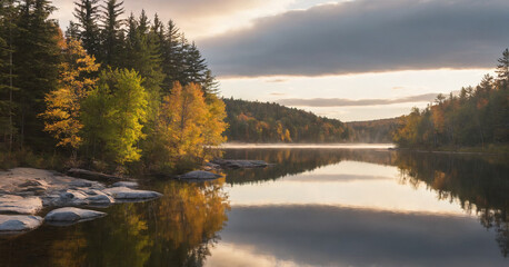 Fototapeta premium River at sunset, casting a golden glow over the landscape.