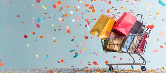 shopping cart with shopping bags with flying confetti