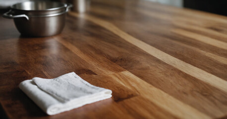 An empty rustic wooden cutting board on a kitchen table, with a red napkin nearby, against a white background.