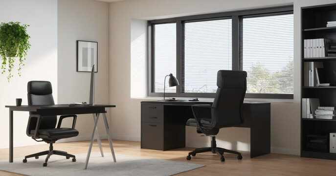 Modern and minimalist home office setup with a sleek desk and ample natural light.