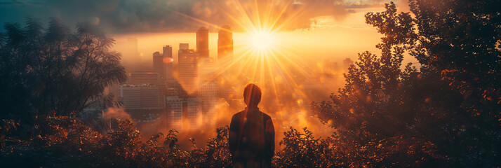 Silhouette of a person observing the cityscape at sunrise with mist. Urban exploration and adventure concept. Panoramic view for poster, wallpaper, and banner design with copy space.