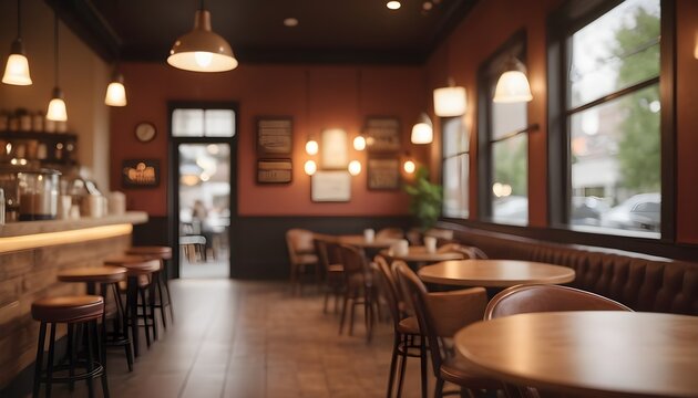 Blurred images of coffee shop cafe interior background and lighting bokeh