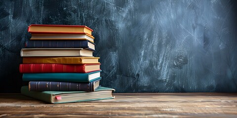 Stack of textbooks on desk with chalkboard background - plenty of space for text. Concept Back to School, Classroom Setup, Education Essentials, Study Supplies