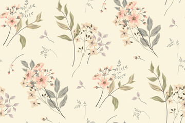 Seamless floral pattern, abstract flower print in romantic vintage style. Elegant botanical design in pink pastel colors: hand drawn wild flowers, leaves in abstract composition. Vector illustration. - obrazy, fototapety, plakaty