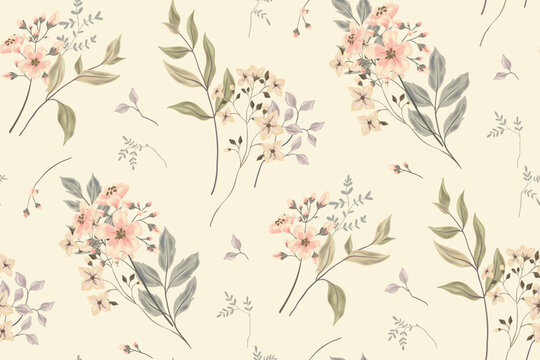 Seamless floral pattern, abstract flower print in romantic vintage style. Elegant botanical design in pink pastel colors: hand drawn wild flowers, leaves in abstract composition. Vector illustration.