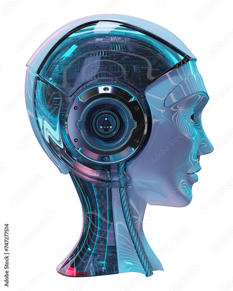 Poster isolated woman robot head with modern studio lights. 3d rendering of cyborg humanoid female face on 