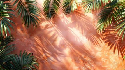 Vivid palm shadows on peach-colored texture background symbolizing tropical warmth and leisure. Copy space. Banner with place for text