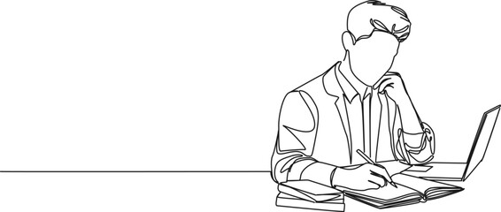 continuous single line drawing of person studying at desk with laptop and books, line art vector illustration