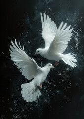 White doves flying in winter condition. Concept of peace and freedom. Vertical image. - obrazy, fototapety, plakaty
